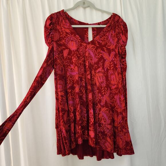 Free People Hello Lover Red Scarlett Floral Print Tunic Dress Sz XS Puff Sleeve - Picture 2 of 12